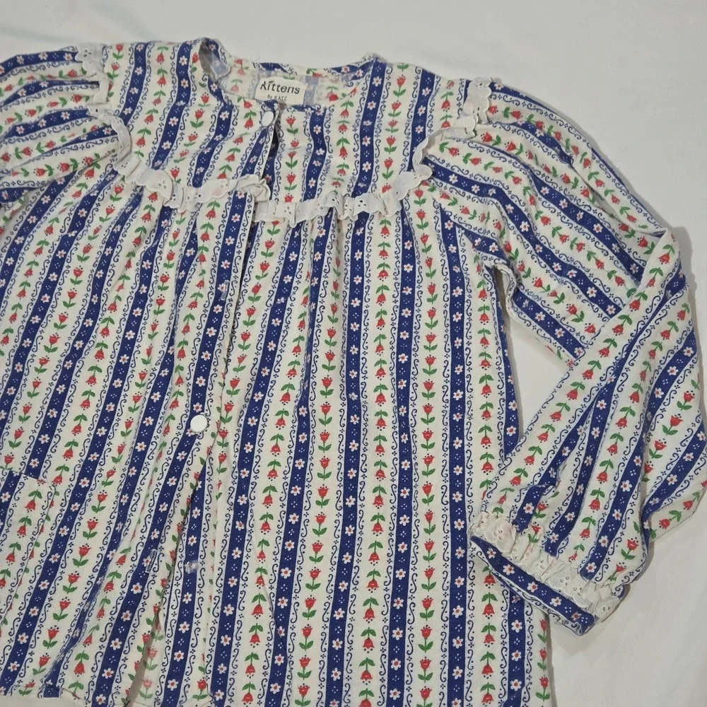 Kittens by Katz Girls Flannel Pajama Top M/L Ditsy Floral Stripe VTG Eyelet Lace